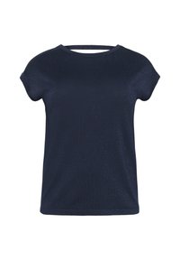 Marineblå t-shirt med korte ærmer og en afslappet pasform, lavet af et blødt, tekstureret materiale med en subtil glans. Rund halsudskæring med en lille åbning på ryggen.