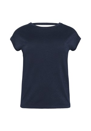 Top corto navy a maniche corte con una vestibilità rilassata, realizzato in un materiale morbido e testurizzato con un leggero luccichio. Collo rotondo con una piccola apertura sul retro.