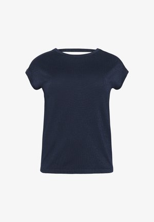 Marineblå kortermet topp med en avslappet passform, laget av et mykt, strukturert materiale med en subtil glans. Rund hals med en liten åpning i ryggen.