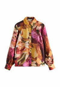 Blomstrig skjorta med knappar som har färgglada tryck av rosa, gula och orangea blommor på en mörk bakgrund; långärmad med krage.