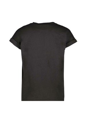 Zwarte T-shirt met korte mouwen van katoen, met een ontspannen pasvorm en opgerolde mouwen. De achterkant is eenvoudig en zonder grafische elementen of patronen.