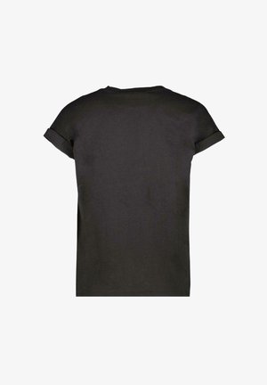 Zwarte T-shirt met korte mouwen van katoen, met een ontspannen pasvorm en opgerolde mouwen. De achterkant is eenvoudig en zonder grafische elementen of patronen.
