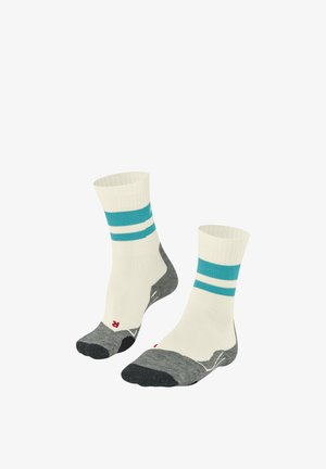 Weiße Socken mit cyanfarbenen Streifen, grauen gepolsterten Sohlen, verstärkten Zehen, gerippten Bündchen und einem Logo. Entworfen für Komfort und Langlebigkeit.