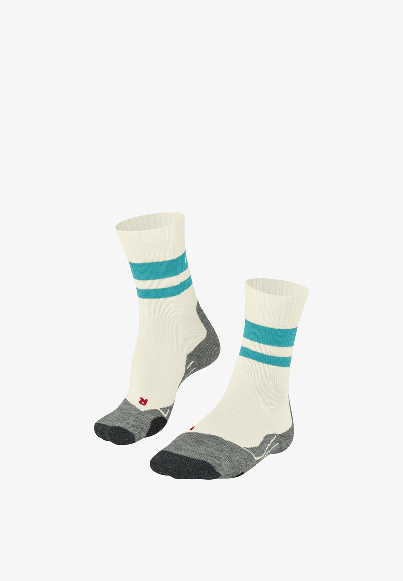 Weiße Socken mit cyanfarbenen Streifen, grauen gepolsterten Sohlen, verstärkten Zehen, gerippten Bündchen und einem Logo. Entworfen für Komfort und Langlebigkeit.