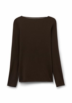 Langarm t-shirt met bootnek in donkerbruin, gemaakt van zachte stof met een gladde textuur en een relaxte pasvorm, voorzien van een rechte zoom.