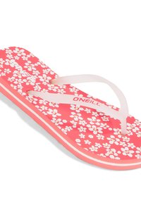 Rosa flip-flop med vitt blommönster, genomskinliga remmar, texturerad sula och en vit accentrand längs kanten. Varumärket O'Neill syns.