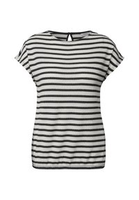 Haut à manches courtes noir et blanc à rayures avec un col rond et un détail en forme de clef à l'arrière. Tissu doux avec une coupe décontractée.