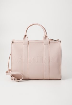 Roze leren handtas met reliëf "VALENTINO" logo, dubbele bovenhandschoenen, afneembare schouderband en gestructureerde rechthoekige vorm.