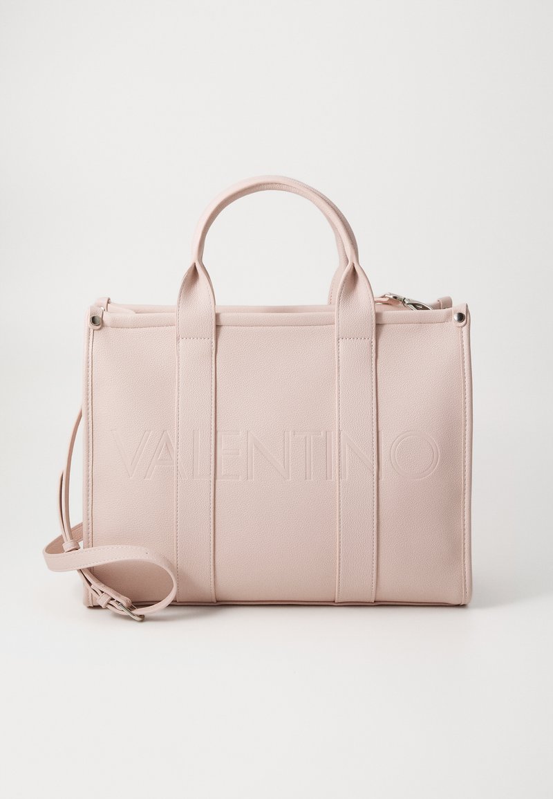 Rosa Lederhandtasche mit prägierter "VALENTINO"-Logo, doppelten oberen Griffen, abnehmbaren Schulterriemen und strukturiertem rechteckigem Design.
