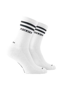 Coppia di calze bianche a maniche corte con strisce nere e testo "ROCKIES" vicino alla parte superiore, texture a coste e indicazioni taglia lavorate nei piedi e nei talloni.