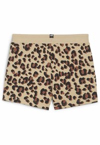 Béžové boxerky s leopardím vzorem v odstínech hnědé a černé, s jednobarevným elastickým pasem.