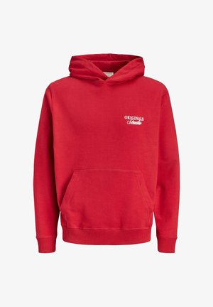 Red hoodie made of cotton blend fabric. Features a front kangaroo pocket, ribbed cuffs, and a white logo printed on the chest.