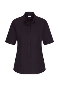 Blouse noire à manches courtes avec boutons, col et taille cintrée.