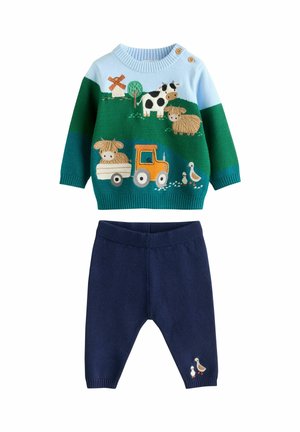 Ein gestrickter grüner und blauer Pullover mit buntem Tierstickereien und einem Traktor; marineblaue Hose mit gestickten Enten am Saum.
