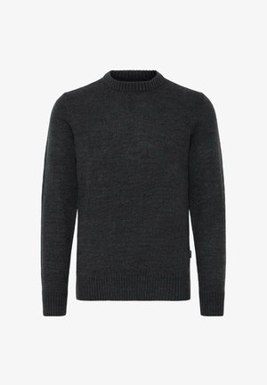 Dark gray knitted sweater with a round neck, long sleeves, and ribbed cuffs and hem. Textured fabric with a smooth finish.