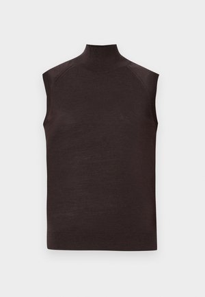 Hihaton tummanruskea neulepaita mallikauluksella ja istuvalla helmalla, esitetty yksivärisellä vaalealla taustalla.