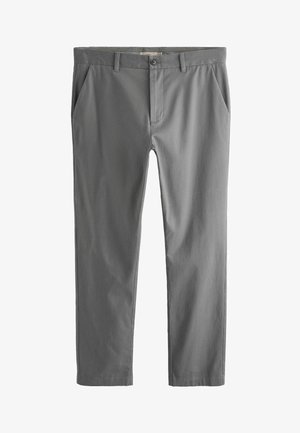 Graue Hose mit glatter Textur, ausgestattet mit einem Reißverschluss, Knopfverschluss, zwei frontalen Taschen und einem taillierten Schnitt.