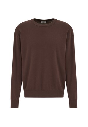 Bruine trui met lange mouwen, gemaakt van gebreid materiaal, met een ronde hals, geribbelde manchetten en een losse pasvorm. Geen zichtbare patronen of accenten.