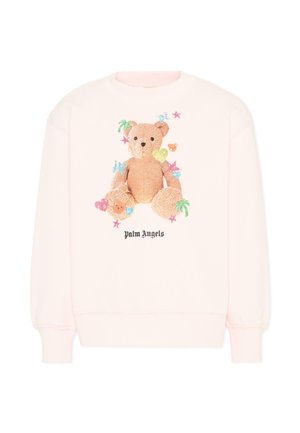 Felpa rosa chiaro con un orsetto testurizzato e stelle colorate, cuori e palme, testo "Palm Angels" sotto l'orsetto.