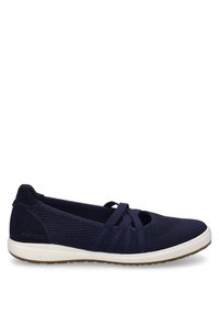 Scarpe slip-on in rete blu navy con punta arrotondata, caratterizzate da fasce elastiche incrociate e una suola in gomma bianca. Superficie texture con accenti morbidi.