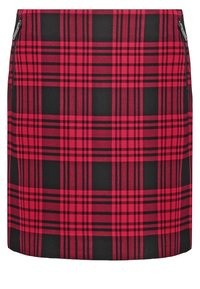 Rode en zwarte geruite rok met een aansluitend ontwerp, voorzien van een rechte pasvorm en ritssluitingen aan de zijkanten.
