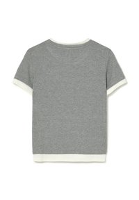 T-shirt gris en tricot à manches courtes avec un col ras du cou côtelé blanc et un ourlet. Design uni avec un tissu texturé.