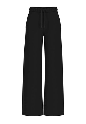 Pantaloni neri a gamba larga realizzati in tessuto morbido con vita regolabile tramite coulisse e senza tasche visibili. Texture liscia e colore uniforme.