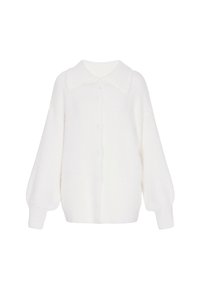 White long-sleeve knit cardigan with a wide collar and button-down front, featuring ribbed cuffs and a textured soft fabric.