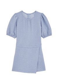 Linen-blend short-sleeve dress in light blue with a textured pattern, rounded neckline, and a wrap-style silhouette. Subtle sparkle accents throughout.