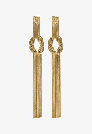 Długie kolczyki z chwostami z pozłacanego łańcuszka, z wieloma splotami skręconymi w supeł na górze i zwisającymi prosto w dół.