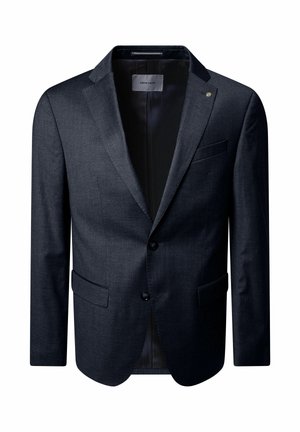 Dunkelgrauer Blazer mit einer Zwei-Knopf-Front, Reverskragen und zwei Vorderaschen. Glatte Textur mit dezenten Stoffmustern. Futter im Inneren.
