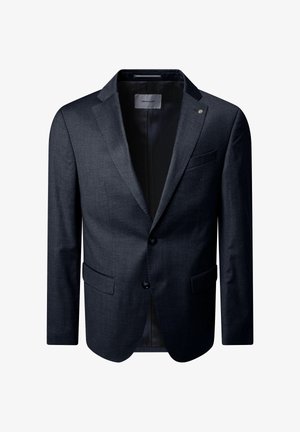 Donkergrijze blazer met een twee-knops voorkant, notch revers en twee voorzakken. Glad oppervlak met subtiele stofpatronen. Gevoerde binnenzijde.