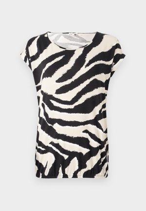 Short-sleeve top in a smooth fabric featuring a black and cream zebra stripe pattern, with a round neckline and a relaxed fit.