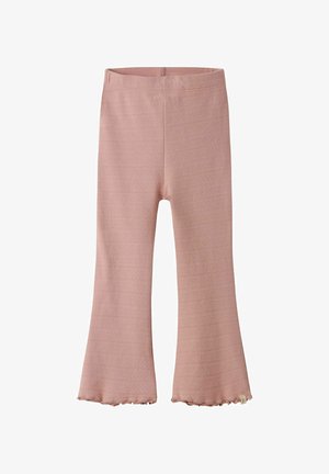 Roze gebreide broek voor peuters met een subtiel textuurpatroon en uitlopende pijpen met gerimpelde zomen.
