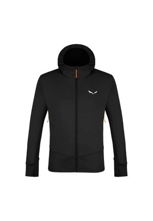 Giacca nera con chiusura lampo integrale, cappuccio attaccato, maniche lunghe, tasche frontali con cerniere arancioni e un piccolo logo bianco sul lato sinistro del petto.