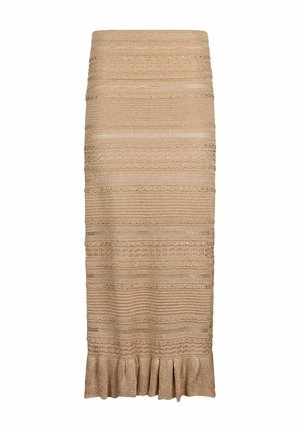 Beige midi-rok met horizontale gebreide patronen, gegolfde randen en een ruches zoom.