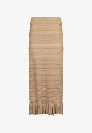 Beige midi-rok met horizontale gebreide patronen, gegolfde randen en een ruches zoom.