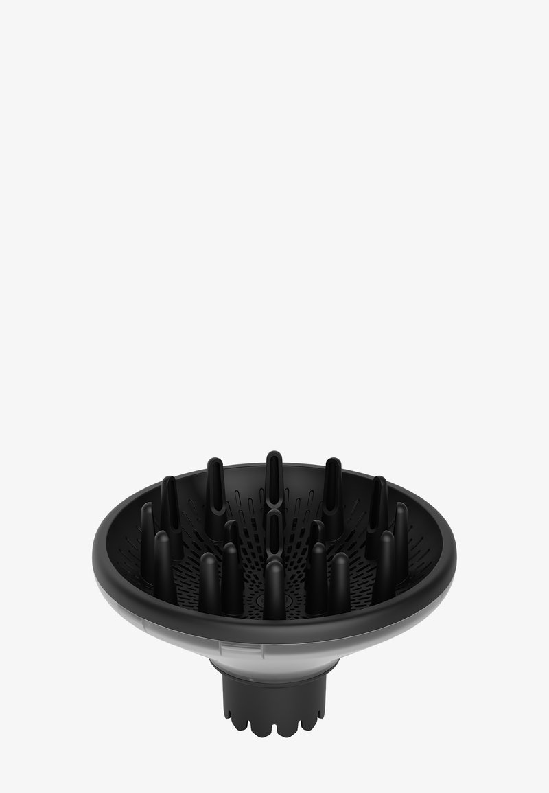 Diffuseur de sèche-cheveux noir rond avec plusieurs pointes coniques et petits trous pour une distribution uniforme de l'air.