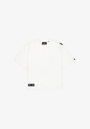 White short-sleeve t-shirt with crew neck and black rectangular patches on bottom hem and left shoulder.