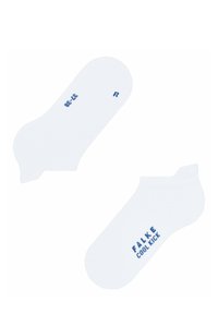 Białe skarpetki ankle z teksturowanym wzorem, oznaczone niebieskim napisem "FALKE COOL KICK" i rozmiarem 36-38, charakteryzujące się konturowanym kształtem.