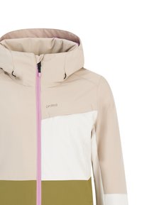 Beige en olijfgroene jas met een roze ritssluiting, voorzien van een hoge kraag, borstzak en een kleurblokontwerp.