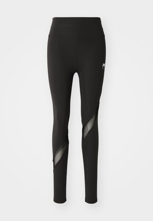 Leggings atléticos negros hechos de una tela elástica, con paneles de malla a lo largo de los lados. Cintura alta y diseño ajustado.
