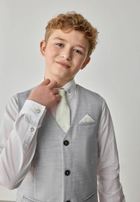 Jasnoszary kamizelka z trzema guzikami na białej koszuli. Krawat ma zielony, abstrakcyjny wzór. Poszetka jest w dopasowanym kolorze do krawata.