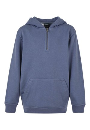 Blå fleece hettegenser med glidelås foran, kengurulomme og ribbede ermer. Jevnt stoff og justerbar hette. Enkel design, uten mønstre.