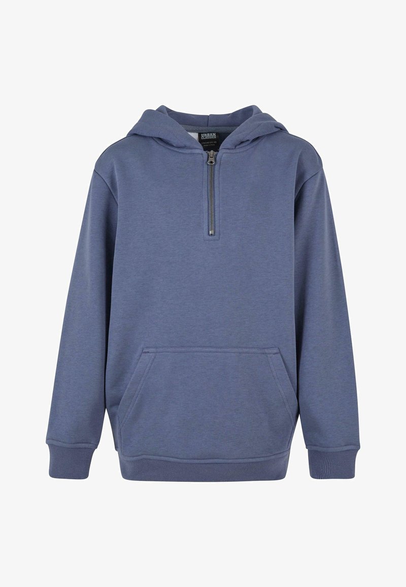 Felpa blu in pile con zip frontale, tasca a marsupio e polsini a costine. Texture liscia e cappuccio regolabile. Design semplice, senza pattern.