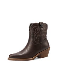 Stivale da cowboy in pelle marrone con punta affusolata e tacco impilato, caratterizzato da cuciture decorative sui lati e un occhiello per una facile indossabilità.
