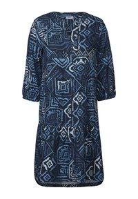 Marinblå kl�änning med geometriska blå och vita mönster, trekvartsärmar och rundad halsringning. Lätt tyg med avslappnad passform.