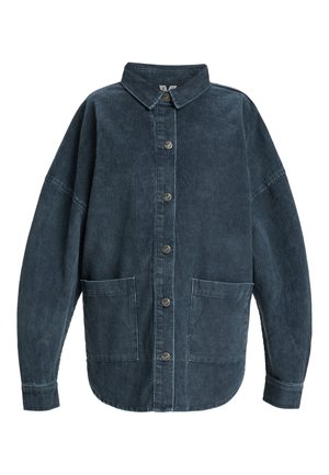 Dunkelblaue Cord-Jacke mit spitzem Kragen, Knopfverschluss und zwei Vordertaschen. Hat eine lockere Passform und ein geripptes Material.