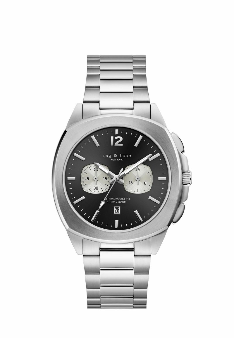 Ceas cronograf din oțel inoxidabil cu un cadran negru, sub-cadrane argintii, funcție de dată și brățară din linkuri metalice. Numere la 12 și accente pe carcasă.