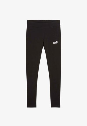 Leggings noirs Puma à coupe ajustée, avec un logo Puma blanc sur la cuisse supérieure gauche, conçus pour les activités sportives.